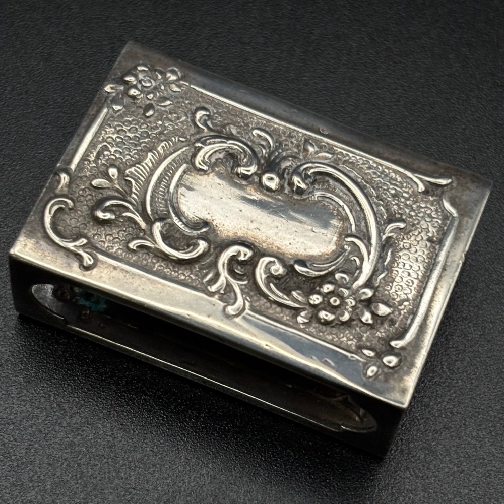 Vintage Germany Matchbox Cover Silver Art Nouveau Repousse Floral Small